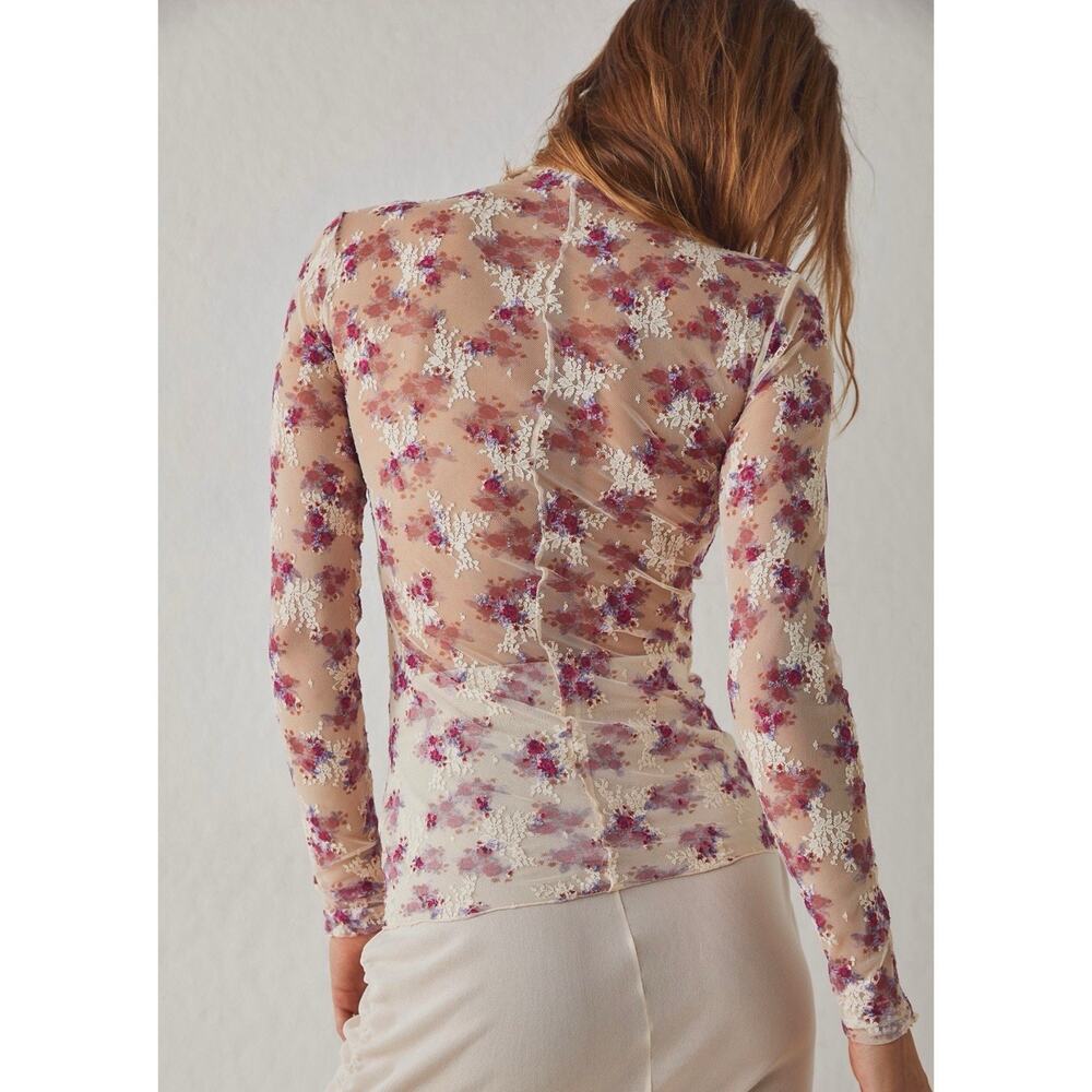 NWT Free People Lady Lux Ivory Combo Sheer Mesh Printed Layering Top - Picture 2 of 9
